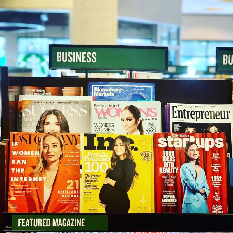 Magazine rack at Barnes and Noble with 6 magazine covers featuring women.