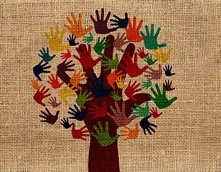 handprints on burlap that look like a tree