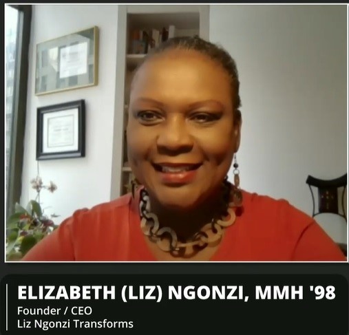 Screenshot of Liz Ngonzi from webinar